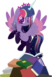 Size: 1316x1958 | Tagged: safe, artist:pure-blue-heart, derpibooru import, oc, oc:affinity, unofficial characters only, alicorn, pony, alicorn oc, book, crown, female, horn, image, jewelry, kinsona, mare, not twilight sparkle, pile of books, png, regalia, simple background, sparkles, spread wings, transparent background, twilight sparkle kinsona, watermark, wings