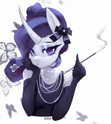 Size: 1832x2048 | Tagged: safe, artist:u_lu_lu, derpibooru import, rarity, anthro, butterfly, insect, unicorn, abstract background, bust, cigarette, cigarette holder, clothes, dress, evening gloves, female, gloves, horn, image, jewelry, jpeg, long gloves, looking at you, necklace, no pupils, smoking, solo
