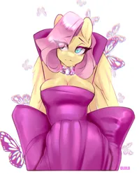 Size: 1631x2048 | Tagged: safe, artist:u_lu_lu, derpibooru import, fluttershy, anthro, butterfly, insect, pegasus, abstract background, armpits, big breasts, breasts, clothes, dress, evening gloves, female, gloves, image, jewelry, jpeg, long gloves, looking at you, necklace, solo