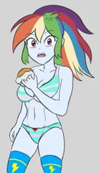 Size: 2344x4096 | Tagged: suggestive, artist:sumin6301 edits, derpibooru import, edit, editor:mlplove, rainbow dash, human, equestria girls, 2d, belly, belly button, bolt, bowtie, breasts, busty rainbow dash, cleavage, clothes, eyebrows, eyebrows visible through hair, female, food, g4, image, legs, lighting, looking at you, midriff, no jacket, no pants, open mouth, panties, png, ponytail, red bow, red bowtie, slender, socks, solo, striped bra, striped panties, striped underwear, stun expression, teeth, thigh highs, thighs, thin, underwear, underwear edit