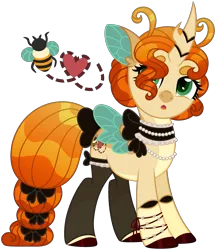 Size: 2184x2525 | Tagged: safe, artist:strawberry-spritz, derpibooru import, bee pony, changepony, hybrid, original species, pony, bow, choker, clothes, female, image, interspecies offspring, magical lesbian spawn, mare, offspring, parent:fluttershy, parent:queen chrysalis, parents:chrysashy, png, simple background, socks, solo, tail, tail bow, transparent background