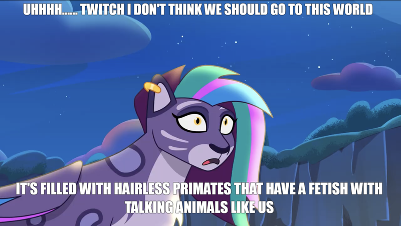 Size: 1136x640 | Tagged: safe, derpibooru import, edit, big cat, leopard, snow leopard, g5, my little pony: tell your tale, spoiler:g5, allura, breaking the fourth wall, funny, image, implied bestiality, implied porn, meme, png, she knows