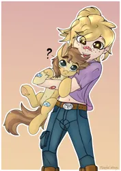 Size: 1240x1748 | Tagged: safe, artist:playful wings, derpibooru import, oc, oc:buttercup, oc:ellie, unofficial characters only, human, pegasus, belly button, clothes, confused, denim, excited, gradient background, happy, hug, hugging a pony, human girl, image, jeans, pants, png, starry eyes, wingding eyes