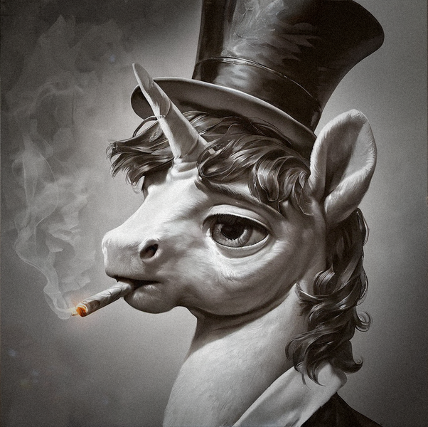 Size: 843x840 | Tagged: safe, ai content, derpibooru import, machine learning generated, prompter:radioglitch, stable diffusion, unicorn, art pack:photo from equestria, cigarette, clothes, generator:pony diffusion v6 xl, hat, horn, image, jacket, male, monochrome, png, smoking, top hat