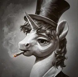 Size: 843x840 | Tagged: safe, ai content, derpibooru import, machine learning generated, stable diffusion, unicorn, art pack:photo from equestria, cigarette, clothes, generator:pony diffusion v6 xl, hat, horn, image, jacket, male, monochrome, png, smoking, top hat