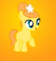 Size: 360x390 | Tagged: safe, artist:katiegirlsforever, derpibooru import, oc, oc:orange bloom, unofficial characters only, earth pony, pony, bow, cute, female, filly, flower, flower in hair, foal, g4, image, jpeg, ocbetes, open mouth, open smile, orange background, orange hair, orange mane, orange tail, raised hoof, raised leg, simple background, smiling, solo, tail, teal eyes, yellow coat