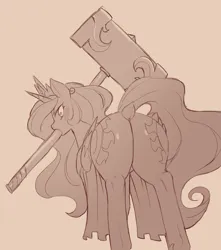 Size: 1200x1360 | Tagged: suggestive, artist:cold-blooded-twilight, derpibooru import, princess celestia, blushing, butt, dock, from behind, glow, glowing eyes, hammer, image, looking at you, looking back, looking back at you, monochrome, png, raised tail, sketch, sunbutt, tail, wide hips