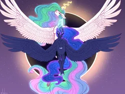 Size: 1600x1200 | Tagged: safe, artist:snowberry, derpibooru import, princess celestia, princess luna, alicorn, pony, 2024 solar eclipse, belly, curved horn, duo, eclipse, ethereal mane, eyes closed, female, floppy ears, flying, front view, g4, horn, image, magic, mare, moon, png, realistic horse legs, royal sisters, siblings, sisters, sky, smiling, sparkles, spread wings, sun, wings