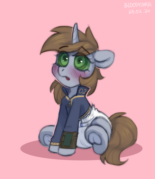 Size: 2233x2577 | Tagged: questionable, artist:bloodymrr, derpibooru import, oc, oc:littlepip, pony, unicorn, fallout equestria, abdl, blushing, brown mane, clothes, commission, diaper, diaper fetish, drawing, fetish, floppy ears, frog (hoof), horn, hypno eyes, hypnosis, image, jacket, looking up, open mouth, pink background, png, simple background, sitting, solo, underhoof