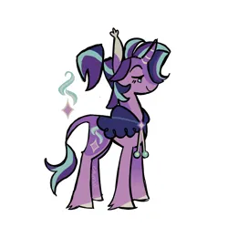 Size: 900x900 | Tagged: safe, artist:camo_ty, derpibooru import, starlight glimmer, pony, unicorn, alternate design, alternate eye color, alternate hairstyle, alternate tailstyle, blaze (coat marking), blushing, cape, clothes, coat markings, colored eartips, colored hooves, colored horn, curved horn, ear tufts, eyebrows, facial markings, female, fetlock tuft, g4, horn, image, leonine tail, lidded eyes, mare, png, ponytail, profile, purple coat, raised eyebrow, signature, simple background, smiling, solo, standing, striped horn, tail, teal eyes, tied mane, two toned mane, two toned tail, white background