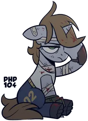 Size: 1100x1500 | Tagged: semi-grimdark, artist:wandrevieira1994, derpibooru import, oc, oc:littlepip, unofficial characters only, pony, unicorn, fallout equestria, bandage, blood, clothes, g4, horn, image, injured, jumpsuit, pipbuck, png, simple background, sitting, tired, transparent background, vault suit