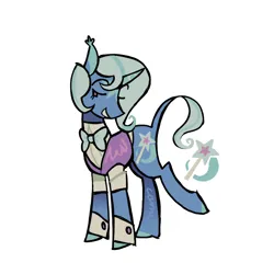 Size: 900x900 | Tagged: safe, artist:camo_ty, derpibooru import, trixie, pony, unicorn, alternate design, alternate hairstyle, alternate tailstyle, blue coat, blue mane, blue tail, blushing, bowtie, clothes, coat markings, colored eartips, colored hooves, colored horn, curved horn, detached sleeves, ear tufts, eyelashes, facial markings, female, g4, horn, image, leonine tail, lidded eyes, mare, png, purple eyes, raised eyebrows, raised leg, redesign, shirt, short mane, short tail, signature, simple background, smiling, solo, star (coat marking), striped horn, tail, turned head, vest, wavy mane, wavy tail, white background