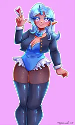 Size: 2275x3767 | Tagged: safe, artist:mylittleyuri, derpibooru import, trixie, human, blushing, bowtie, card, clothes, corset, cute, diatrixes, elf ears, eyeshadow, female, fishnets, heart, heart eyes, horn, horned humanization, humanized, image, jacket, leather, leather jacket, makeup, nail polish, pink background, playing card, png, simple background, socks, solo, stockings, thigh highs, wingding eyes