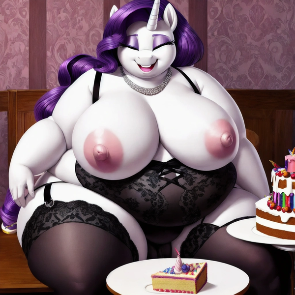 Size: 1024x1024 | Tagged: questionable, ai content, derpibooru import, machine learning generated, stable diffusion, rarity, anthro, unicorn, bbw, big breasts, black socks, breasts, cake, clothes, derpibooru exclusive, eyes closed, fat, female, food, g4, horn, huge breasts, image, jewelry, lingerie, necklace, nipples, nudity, obese, partial nudity, png, prompter:professordoctorc, raritubby, smiling, socks, solo, solo female, ssbbw, stockings, thigh highs, topless