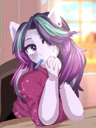 Size: 768x1024 | Tagged: safe, artist:peanutfrogy, derpibooru import, starlight glimmer, anthro, human, equestria girls, chair, classroom, clothes, crepuscular rays, cute, desk, ear piercing, earring, explosion, female, g4, glimmerbetes, hair over one eye, humanized, image, imminent death, impending doom, jewelry, meme, pen, pen in mouth, piercing, png, ponied up, scary, schoolgirl, shirt, star explosion, sun explision, sunlight, thinking, this is fine, vulgar description, window