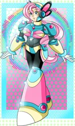 Size: 1139x1916 | Tagged: safe, artist:rockmangurlx, derpibooru import, fluttershy, robot, abstract background, armor, crossover, female, gynoid, image, megaman x, png, ponytail, reploid, solo, species swap