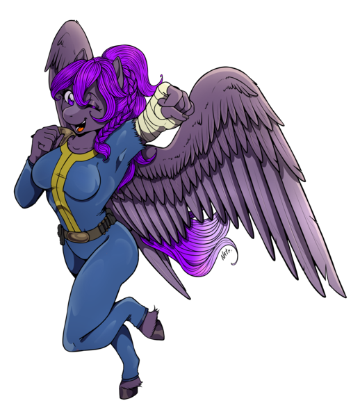 Size: 2893x3350 | Tagged: safe, artist:natt333, derpibooru import, oc, oc:violet flame, anthro, pegasus, fallout equestria, bodysuit, breasts, clothes, commission, commissioner:solar aura, female, image, png, solo, vault suit