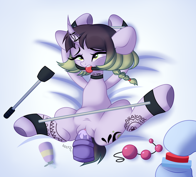 Size: 7000x6300 | Tagged: explicit, artist:morello, derpibooru import, oc, oc:glitter ink, unofficial characters only, pony, unicorn, anal beads, ballgag, bdsm, bed, blanket, bondage, button, choker, commission, cum, derpibooru exclusive, dildo, female, femsub, gag, horn, image, insertion, mare, nudity, offscreen character, png, remote, riding crop, sex toy, solo focus, spreader bar, submissive, tattoo, vaginal insertion, vibrator, vulva, ych result