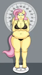Size: 1124x2000 | Tagged: suggestive, artist:lordstormcaller, derpibooru import, fluttershy, anthro, pegasus, unguligrade anthro, belly, big belly, bikini, breasts, busty fluttershy, chubby, clothes, embarrassed, fat, fattershy, image, jpeg, nervous, overweight, swimsuit, thick, thighs, thunder thighs, weight gain, wide hips