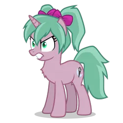Size: 2800x2800 | Tagged: safe, derpibooru import, oc, oc:magicalmysticva, unofficial characters only, pony, unicorn, angry, bow, chest fluff, female, green eyes, gritted teeth, hair bow, horn, image, mare, pigtails, pink body, png, simple background, solo, solo female, teeth, transparent background, twintails, vector