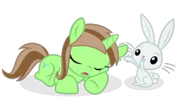 Size: 1920x1106 | Tagged: safe, artist:grapefruit-face, derpibooru import, angel bunny, oc, oc:limey lulamoon, pony, rabbit, unicorn, animal, duo, eyes closed, female, filly, floppy ears, foal, freckles, horn, image, open mouth, parents:canon x oc, playing, png, simple background, sleeping, transparent background