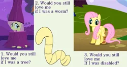 Size: 1920x1024 | Tagged: safe, artist:719418052, derpibooru import, edit, edited screencap, screencap, fluttershy, pegasus, pony, worm, amputee, clothes, costume, fluttertree, flutterworm, image, meme, one of these things is not like the others, png, prosthetic leg, prosthetic limb, prosthetics, text, tree costume