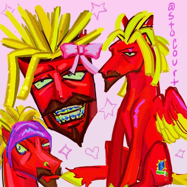Size: 2048x2048 | Tagged: safe, artist:sto_court, derpibooru import, ponified, pegasus, pony, adult swim, aqua teen hunger force, bow, braces, facial hair, frylock, grin, heart, high res, image, jpeg, male, ribbon, sitting, smiling, solo, stallion, stars, test tube