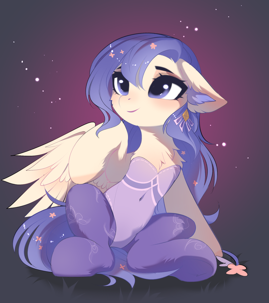 Size: 1700x1916 | Tagged: safe, artist:empress-twilight, derpibooru import, oc, oc:star guardian, oc:violet veil, unofficial characters only, pony, chest fluff, clothes, ear fluff, floppy ears, hairpin, image, leotard, long hair, looking up, png, purple eyes, raised hoof, ribbon, sitting, smiling, solo, tail, tights, underhoof, wings