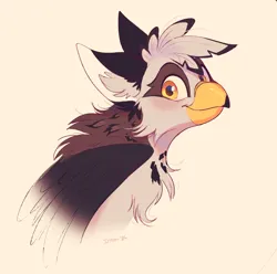 Size: 3312x3290 | Tagged: safe, artist:imalou, derpibooru import, oc, oc:ospreay, gryphon, beak, bust, colored, commission, cute, eared griffon, griffon oc, image, jpeg, looking at you, portrait, sketch, smiling, smiling at you, watermark