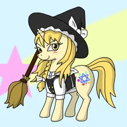 Size: 1000x1000 | Tagged: safe, artist:パルナス, derpibooru import, ponified, pony, unicorn, blushing, broom, clothes, female, g4, hat, hexagram, horn, image, kirisame marisa, looking at you, magician, png, rule 85, smiling, tail, touhou, witch hat
