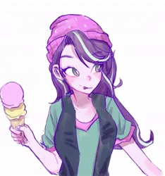 Size: 957x1024 | Tagged: safe, artist:sugarcube269, derpibooru import, starlight glimmer, equestria girls, beanie, clothes, female, food, g4, hat, ice cream, ice cream cone, image, jpeg, simple background, solo, tongue out, vest, white background