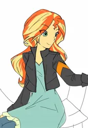 Size: 947x1375 | Tagged: safe, artist:sugarcube269, derpibooru import, sunset shimmer, equestria girls, clothes, eye clipping through hair, eyebrows, eyebrows visible through hair, female, g4, image, jacket, jpeg, simple background, sketch, smiling, solo, white background
