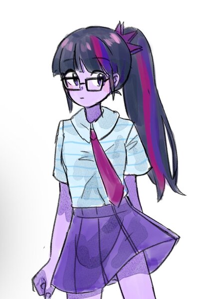 Size: 935x1414 | Tagged: safe, artist:sugarcube269, derpibooru import, sci-twi, twilight sparkle, equestria girls, clothes, female, g4, glasses, image, jpeg, necktie, ponytail, simple background, skirt, solo, white background