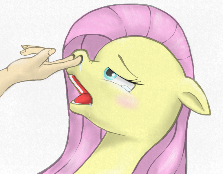 Size: 819x638 | Tagged: suggestive, artist:パルナス, derpibooru import, fluttershy, human, pegasus, pony, bedroom eyes, blushing, drool, female, female focus, floppy ears, g4, hand, image, mare, nosehook, nostrils, offscreen character, offscreen human, open mouth, png, simple background, snot, solo focus, teary eyes, white background