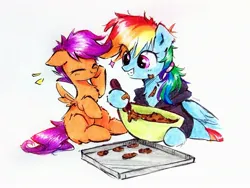 Size: 2569x1927 | Tagged: safe, artist:liaaqila, derpibooru import, rainbow dash, scootaloo, pegasus, pony, alternate hairstyle, baking, baking sheet, bowl, clothes, cookie dough, counter, cute, cutealoo, eye clipping through hair, female, g4, happy, hoodie, image, jpeg, liaaqila is trying to murder us, liaaqila is trying to murder us with dashabetes, messy, ponytail, sitting, smiling, traditional art