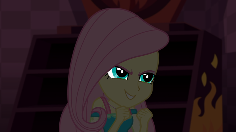 Size: 1366x768 | Tagged: safe, derpibooru import, edit, edited screencap, editor:incredibubbleirishguy, screencap, a fine line, equestria girls, equestria girls series, evil fluttershy, evil grin, eyes in the dark, fluttershy's revenge, grin, image, png, smiling