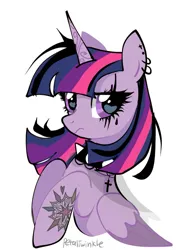 Size: 751x1024 | Tagged: safe, artist:petaltwinkle, derpibooru import, twilight sparkle, twilight sparkle (alicorn), alicorn, pony, alternate hair color, choker, colored wings, colored wingtips, countershading, cross choker, dyed mane, ear piercing, earring, female, folded wings, frown, g4, goth, horn, image, jewelry, jpeg, lidded eyes, looking at you, makeup, mare, multicolored mane, narrowed eyes, piercing, purple coat, purple eyes, raised hoof, raised hooves, signature, simple background, solo, spiked choker, straight mane, tattoo, two toned wings, unicorn horn, white background, wingding eyes, wings