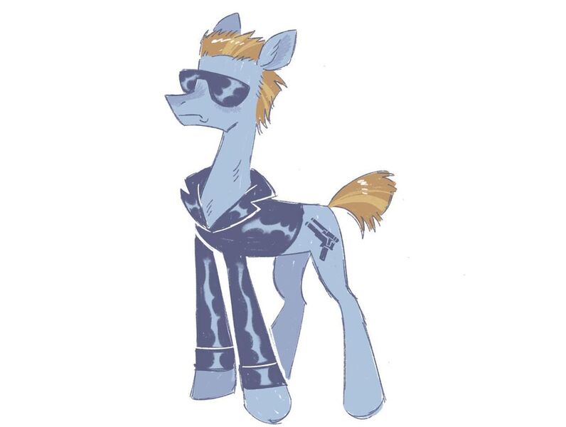 Size: 1080x814 | Tagged: safe, artist:webkinzworldz, derpibooru import, ponified, earth pony, pony, blaze (coat marking), blonde mane, blonde tail, clothes, coat markings, colored pinnae, ear fluff, facial markings, frown, gray coat, image, jacket, jpeg, male, shiny mane, shiny tail, simple background, slender, solo, stallion, standing, sunglasses, tail, terminator, thin, two toned mane, two toned tail, white background