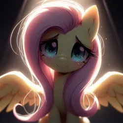 Size: 1024x1024 | Tagged: safe, ai content, derpibooru import, machine learning generated, prompter:doomguy397, fluttershy, pegasus, pony, g4, backlighting, blushing, crying, cute, female, generator:dall-e 3, half body, image, jpeg, looking at you, mare, shyabetes, simple background, smiling, smiling at you, solo, spread wings, tears of joy, wings