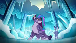 Size: 1920x1080 | Tagged: safe, derpibooru import, screencap, big cat, leopard, rabbit, snow leopard, g5, my little pony: tell your tale, spoiler:g5, spoiler:my little pony: tell your tale, spoiler:tyts02e00, allura, animal, aq bars, duo, duo male and female, female, image, male, png, the blockywockys, twitch (g5), winged big cat