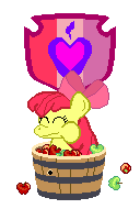 Size: 128x190 | Tagged: safe, artist:soup cream, derpibooru import, apple bloom, earth pony, pony, apple, apple bloom's bow, basket, bow, cutie mark, eating, food, green apple, hair bow, image, pixel art, png