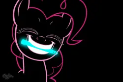 Size: 850x567 | Tagged: safe, artist:cosmicwaltz, derpibooru import, pinkie pie, 2011, black background, eyes closed, glowstick, holding in mouth, image, jpeg, neon, outlines only, simple background, smiling, solo, vector, wallpaper