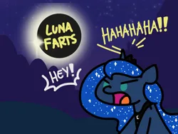 Size: 1800x1350 | Tagged: safe, artist:flutterluv, derpibooru import, princess luna, alicorn, pony, series:flutterluv's full moon, angry, eclipse, fart joke, female, g4, graffiti, image, implied princess celestia, implied trollestia, jpeg, laughing, mare, offscreen character, open mouth, solar eclipse, solo, text