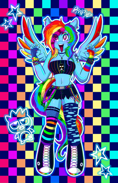 Size: 3300x5100 | Tagged: safe, artist:mscolorsplash, derpibooru import, rainbow dash, anthro, pegasus, pony, unguligrade anthro, 20% cooler, badtz maru, belly button, bracelet, breasts, busty rainbow dash, checkered background, cleavage, clothes, colored wings, daisy dukes, eye clipping through hair, eyebrow piercing, eyestrain warning, female, fingerless gloves, fishnet gloves, gloves, high res, image, jewelry, jpeg, mare, midriff, multicolored wings, open mouth, open smile, painted nails, piercing, rainbow wings, shorts, smiling, sneaker boots, socks, spread wings, stockings, tattoo, thigh highs, tongue out, tongue piercing, wings