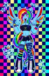 Size: 3300x5100 | Tagged: safe, artist:mscolorsplash, derpibooru import, rainbow dash, anthro, pegasus, pony, unguligrade anthro, 20% cooler, badtz maru, belly button, bracelet, breasts, busty rainbow dash, checkered background, cleavage, clothes, colored wings, daisy dukes, eye clipping through hair, eyebrow piercing, eyestrain warning, female, fingerless gloves, fishnet gloves, gloves, high res, image, jewelry, jpeg, mare, midriff, multicolored wings, neon, open mouth, open smile, painted nails, piercing, rainbow wings, shorts, smiling, sneaker boots, socks, spread wings, stockings, tattoo, thigh highs, tongue out, tongue piercing, wings