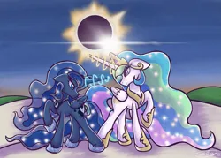Size: 3501x2509 | Tagged: safe, artist:stupidcosplayer, derpibooru import, princess celestia, princess luna, alicorn, pony, eclipse, female, floppy ears, g4, glow, glowing horn, horn, image, magic, mare, png, royal sisters, siblings, sisters, smiling, solar eclipse