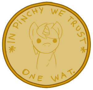 Size: 301x292 | Tagged: artist needed, safe, derpibooru import, ruby pinch, unicorn, coin, g4, horn, image, meme, png, simple background, transparent background, wat