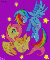 Size: 1600x1900 | Tagged: safe, artist:inzomniak, derpibooru import, fluttershy, rainbow dash, pegasus, pony, blushing, duo, duo female, female, flutterdash, flying, g4, image, lesbian, looking at each other, looking at someone, mare, png, purple background, shipping, signature, simple background, smiling, smiling at each other, spread wings, stars, wings