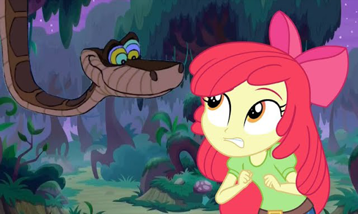 Size: 720x432 | Tagged: safe, artist:ocean lover, derpibooru import, edit, edited screencap, screencap, apple bloom, human, equestria girls, animated, apple bloom's bow, belt, belt buckle, bow, bush, clothes, crossover, disney, everfree forest, forest, forest background, g4, green shirt, hair bow, hypno eyes, hypnosis, hypnotized, image, kaa eyes, link in description, looking at each other, looking at someone, nature, night, open mouth, path, pathway, png, red hair, redhead, scared, the jungle book, thumbnail, tree, worried, youtube, youtube link, youtube thumbnail