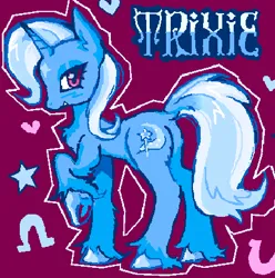 Size: 432x436 | Tagged: safe, artist:junniepiepoopop, derpibooru import, trixie, pony, unicorn, alternate eye color, blue coat, blue mane, blue tail, blue text, blush scribble, blushing, butt fluff, coat markings, colored hooves, ear fluff, eyeshadow, facial markings, female, floating heart, g4, heart, horn, image, lidded eyes, long mane, long tail, looking at you, makeup, mare, outline, pink eyes, png, profile, raised hoof, shiny hooves, shiny mane, shiny tail, smiling, smiling at you, solo, standing, star (coat marking), tail, text, thin, two toned mane, two toned tail, underhoof, unicorn horn, unshorn fetlocks, wavy mane, wingding eyes